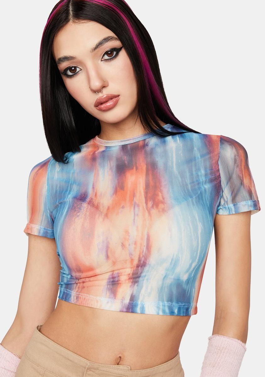 Sunset Print Mesh Baby Tee sold by Dolls Kill