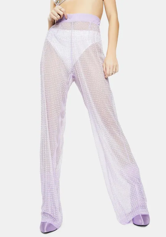 Lilac Rhinestone Mesh Wide Leg Pants sold by Dolls Kill