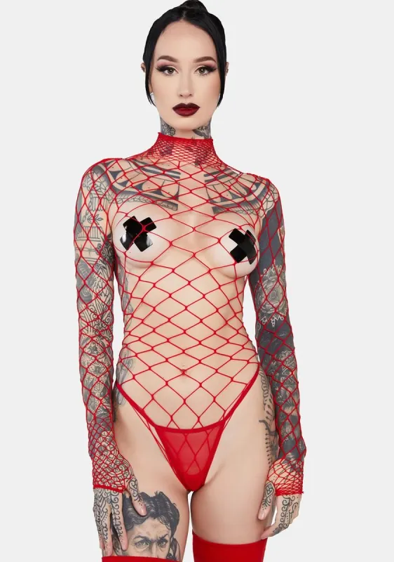 Red Dancing All Night Fishnet Bodystocking sold by Dolls Kill
