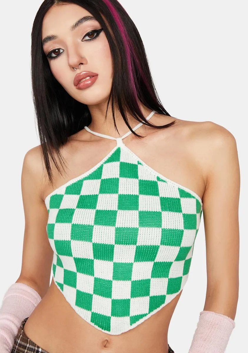 Green Checkered Open Back Halter Top sold by Dolls Kill