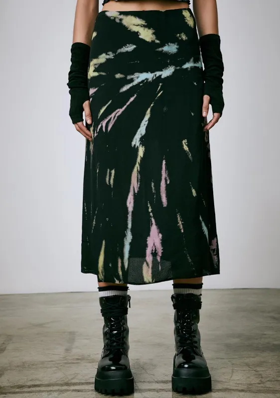 Twist Of Fate Tie Dye Midi Skirt sold by Dolls Kill