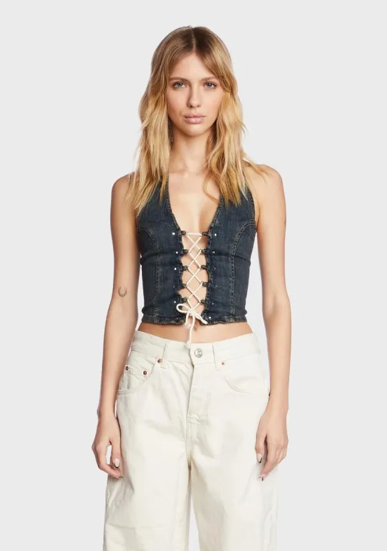 Denim Halter Top sold by Dolls Kill