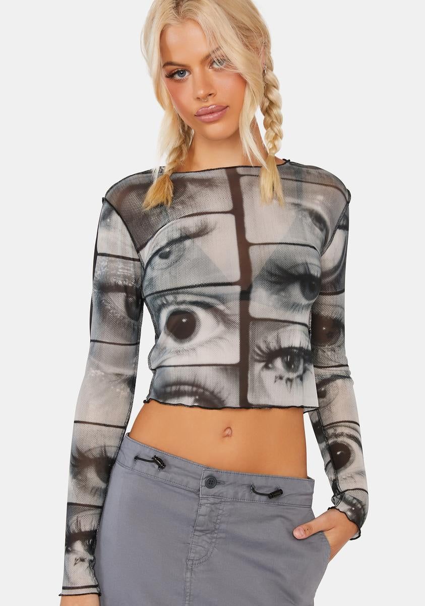 Mirror Eyes Mesh Crop Top sold by Dolls Kill