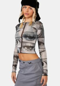 Mirror Eyes Mesh Crop Top sold by Dolls Kill