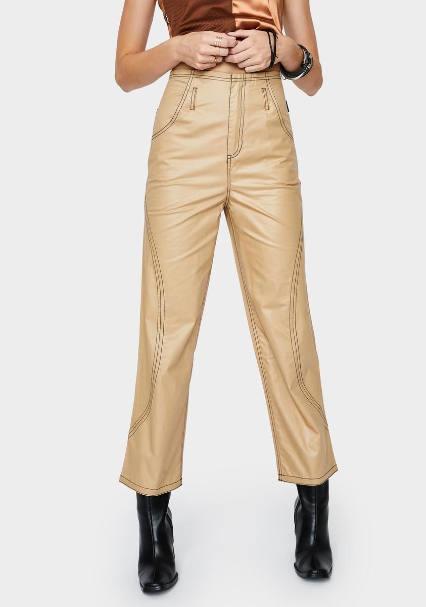 Beige Glossy High Waist Pants sold by Dolls Kill