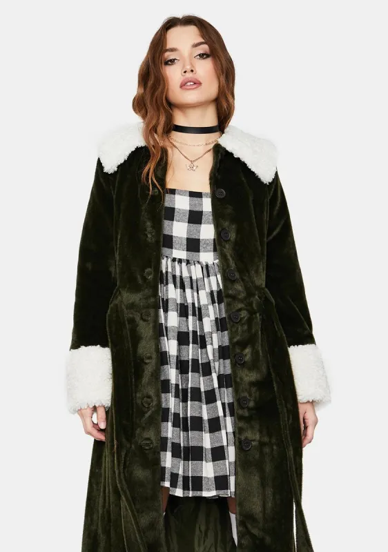 Olive Collegiate Sass Faux Fur Trench Coat sold by Dolls Kill