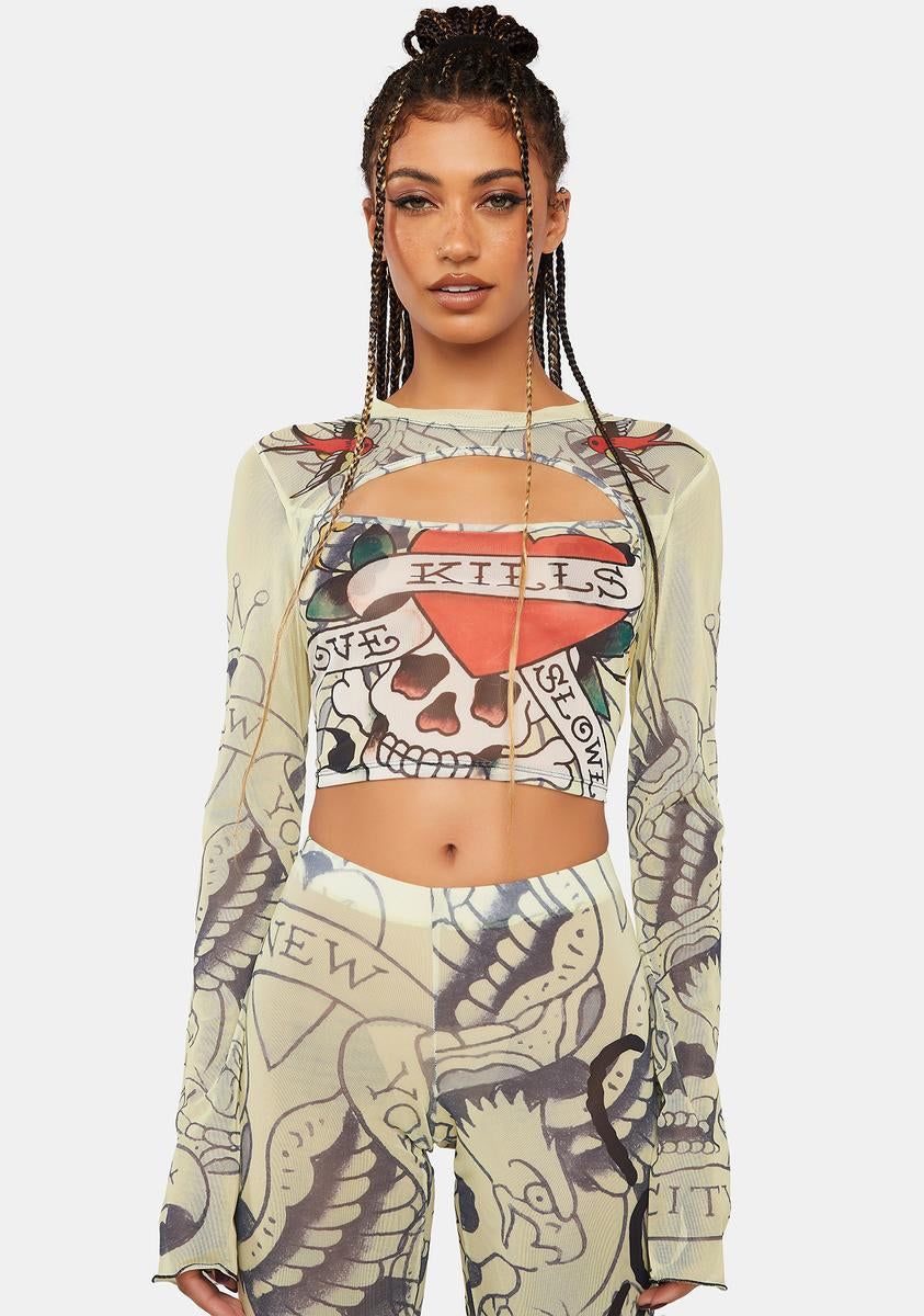 LKS Skull Long Sleeve Mesh Top sold by Dolls Kill