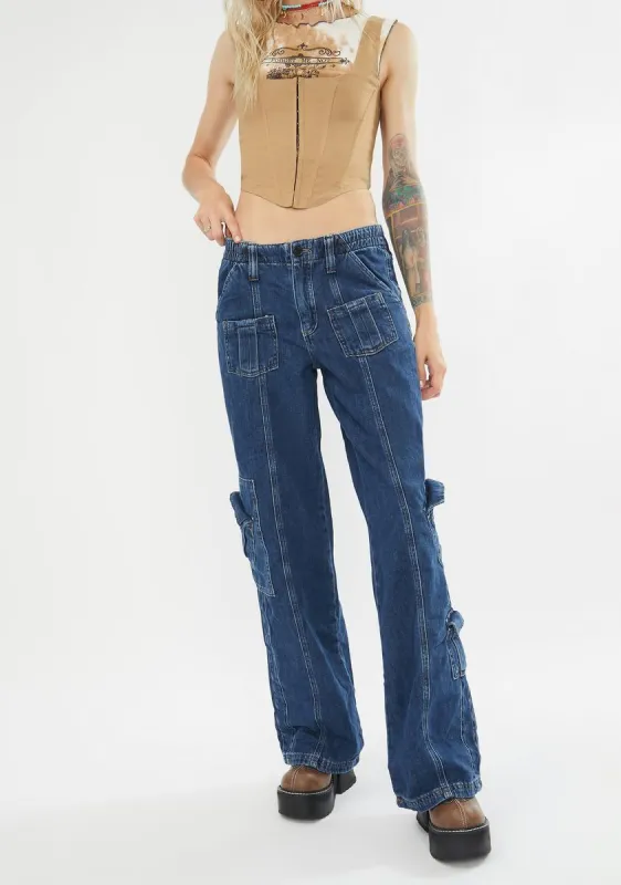 90's Blue Low Rise Cargo Jeans sold by Dolls Kill