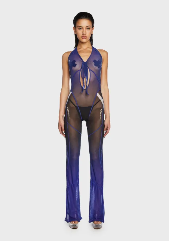 Mesh Tie Knot Speed Racer Jumpsuit - Blue made by Dolls Kill