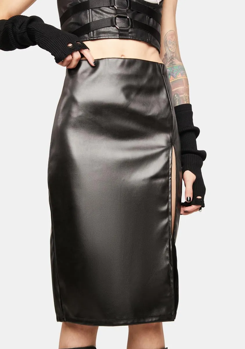 Good Reason Vegan Leather Midi Skirt sold by Dolls Kill