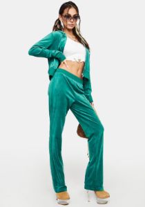 Jade Green Luxe Velour Rhinestone Logo Sweatpants sold by Dolls Kill