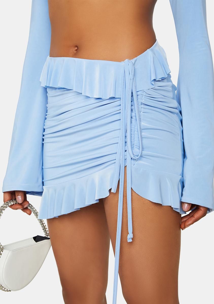 Crystal Blue Ruffle Ruched Mini Skirt sold by Dolls Kill