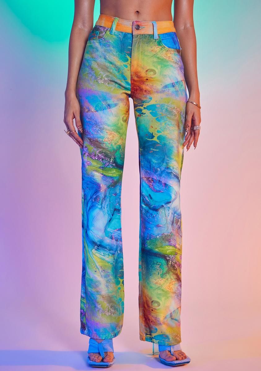 Mix Fairy Print Low Rise Bootcut Jeans sold by Dolls Kill