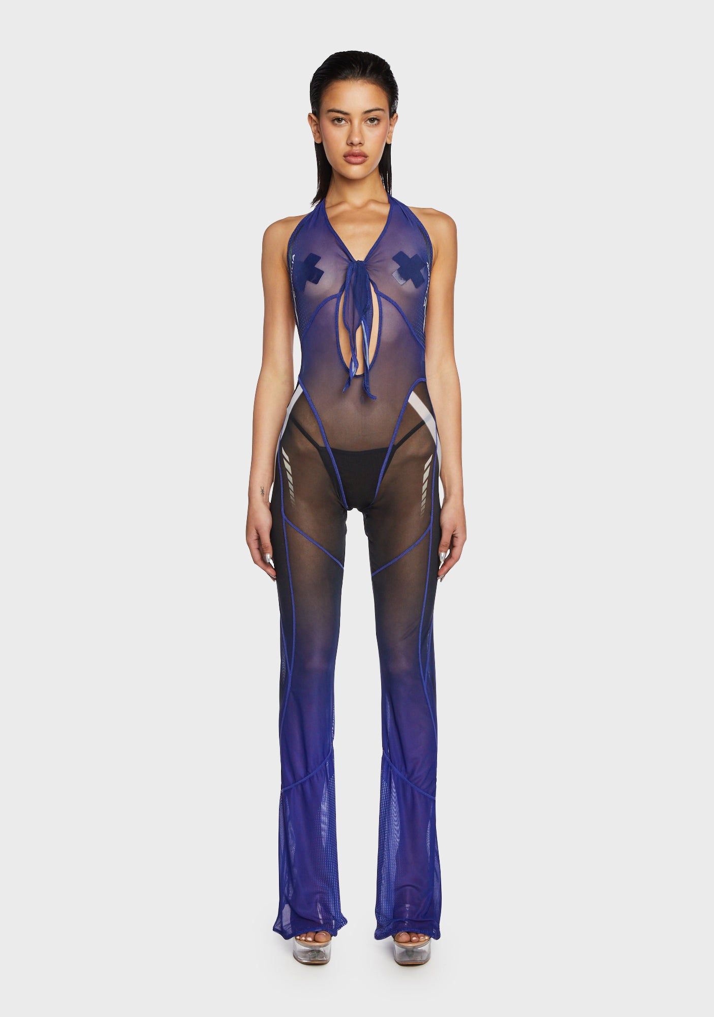 Mesh Tie Knot Speed Racer Jumpsuit - Blue sold by Dolls Kill