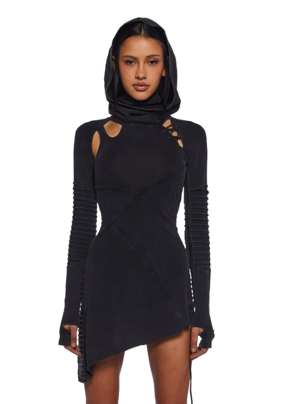 Frequency Asymmetrical Hooded Mini Dress - Black sold by Dolls Kill