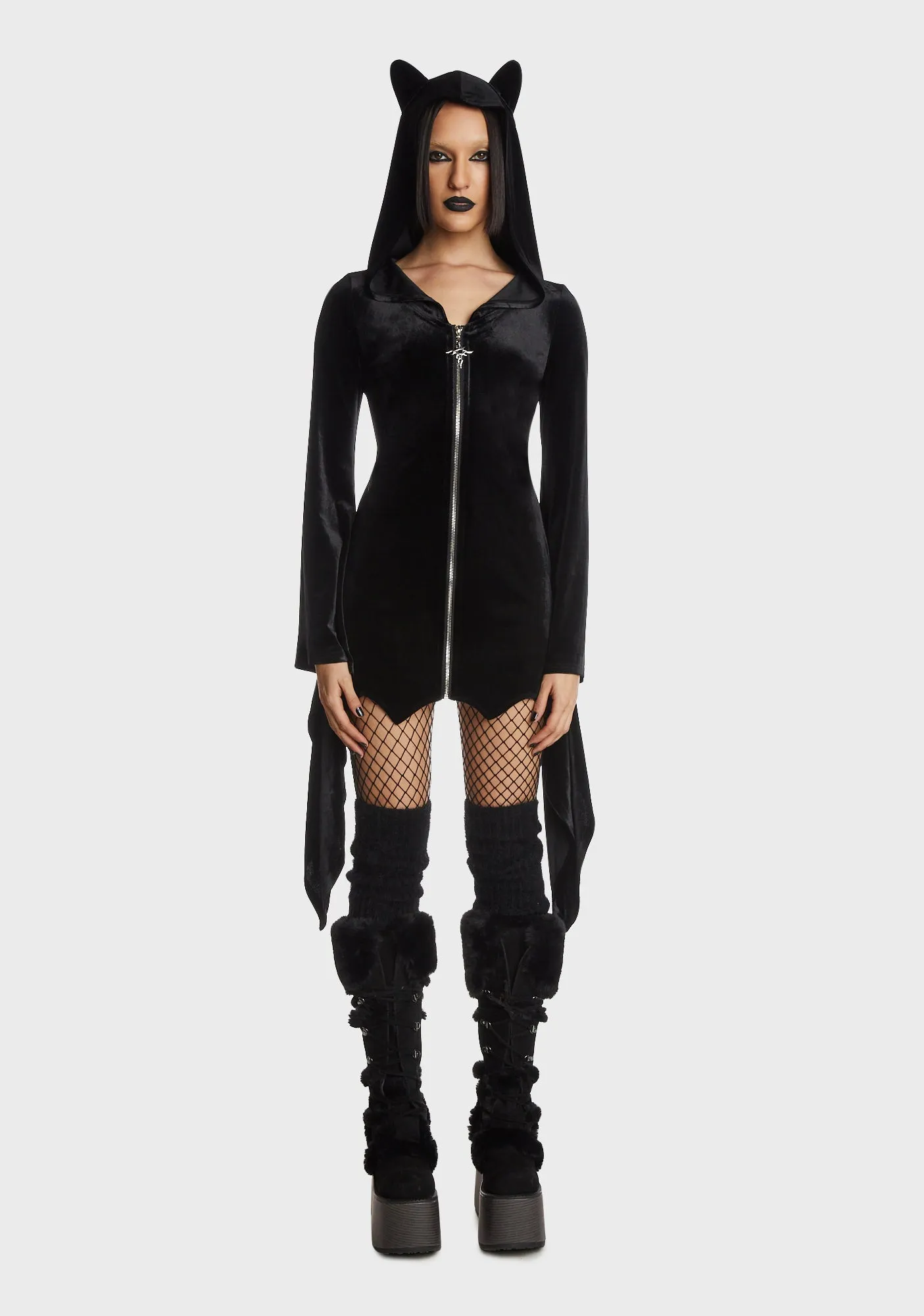 Cat Ear Bell Sleeves Hooded Zip Dress sold by Dolls Kill