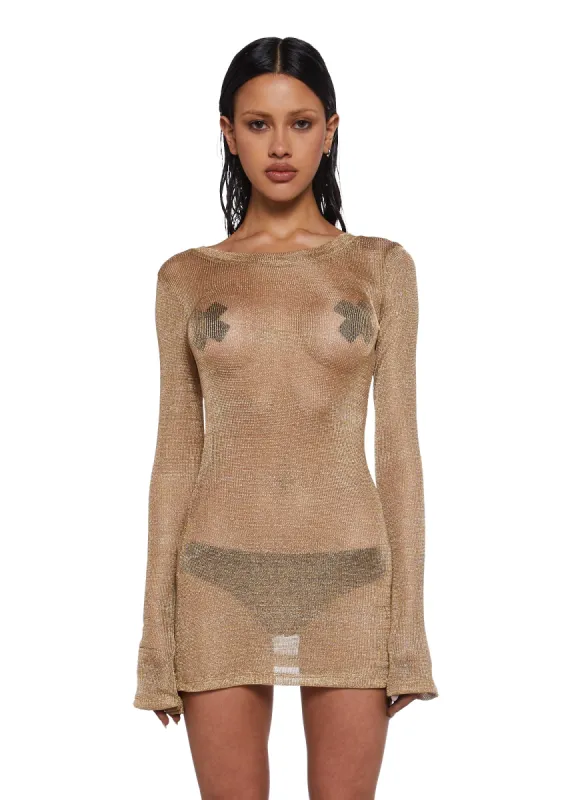 Tempo Metallic Knit Mini Dress - Gold sold by Dolls Kill