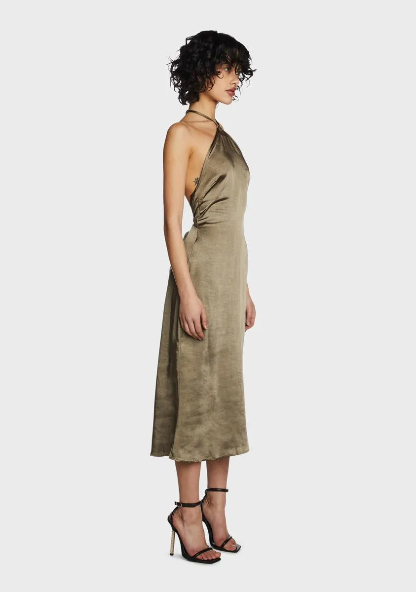 Olive Satin Halter Neck Midi Dress sold by Dolls Kill product image thumbnail 3