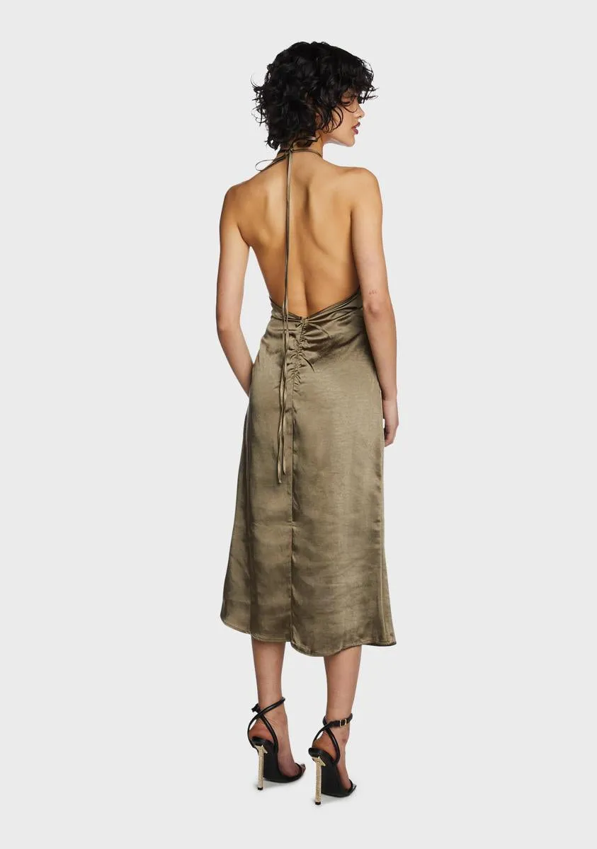 Olive Satin Halter Neck Midi Dress sold by Dolls Kill product image thumbnail 4