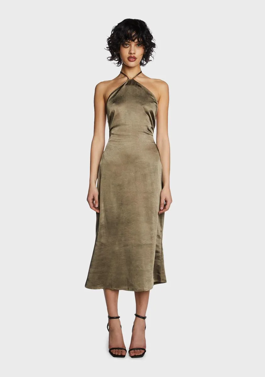 Olive Satin Halter Neck Midi Dress sold by Dolls Kill