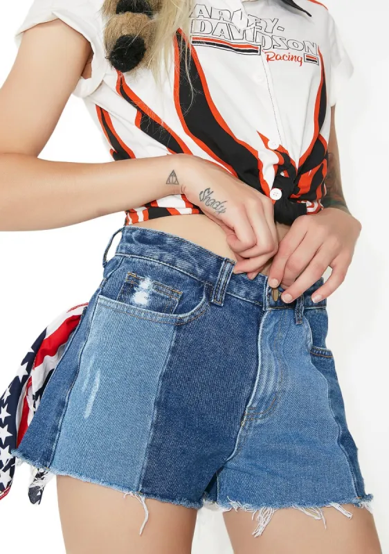 Cutie Cruisin’ Paneled Denim Shorts sold by Dolls Kill