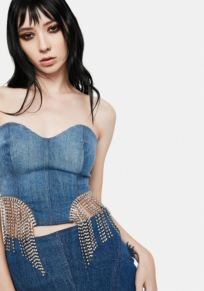 Without You Denim Fringe Bustier sold by Dolls Kill