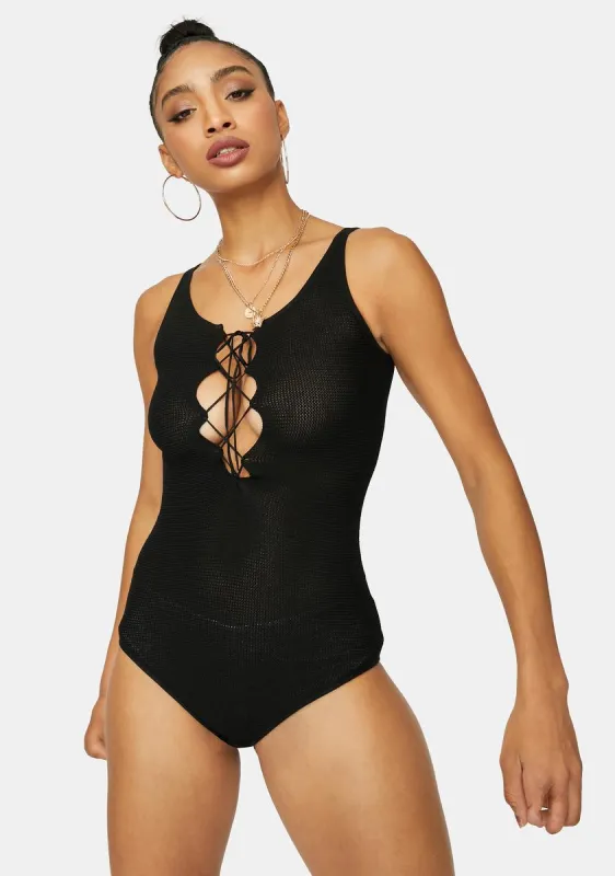 Midnight Cutting Edge Lace Up Tank Bodysuit sold by Dolls Kill