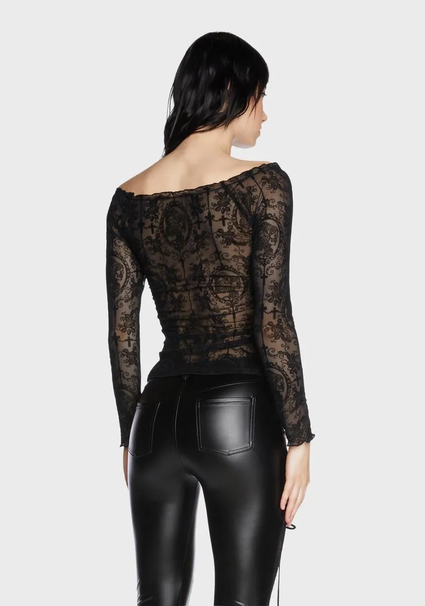 Gothic Off Shoulder Drawstring Sheer Shirt sold by Dolls Kill product image thumbnail 4