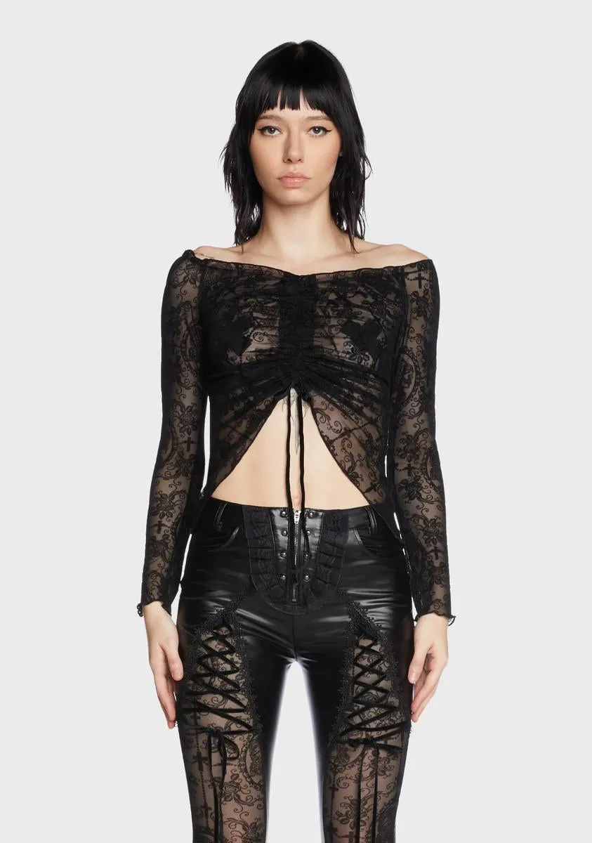 Gothic Off Shoulder Drawstring Sheer Shirt sold by Dolls Kill