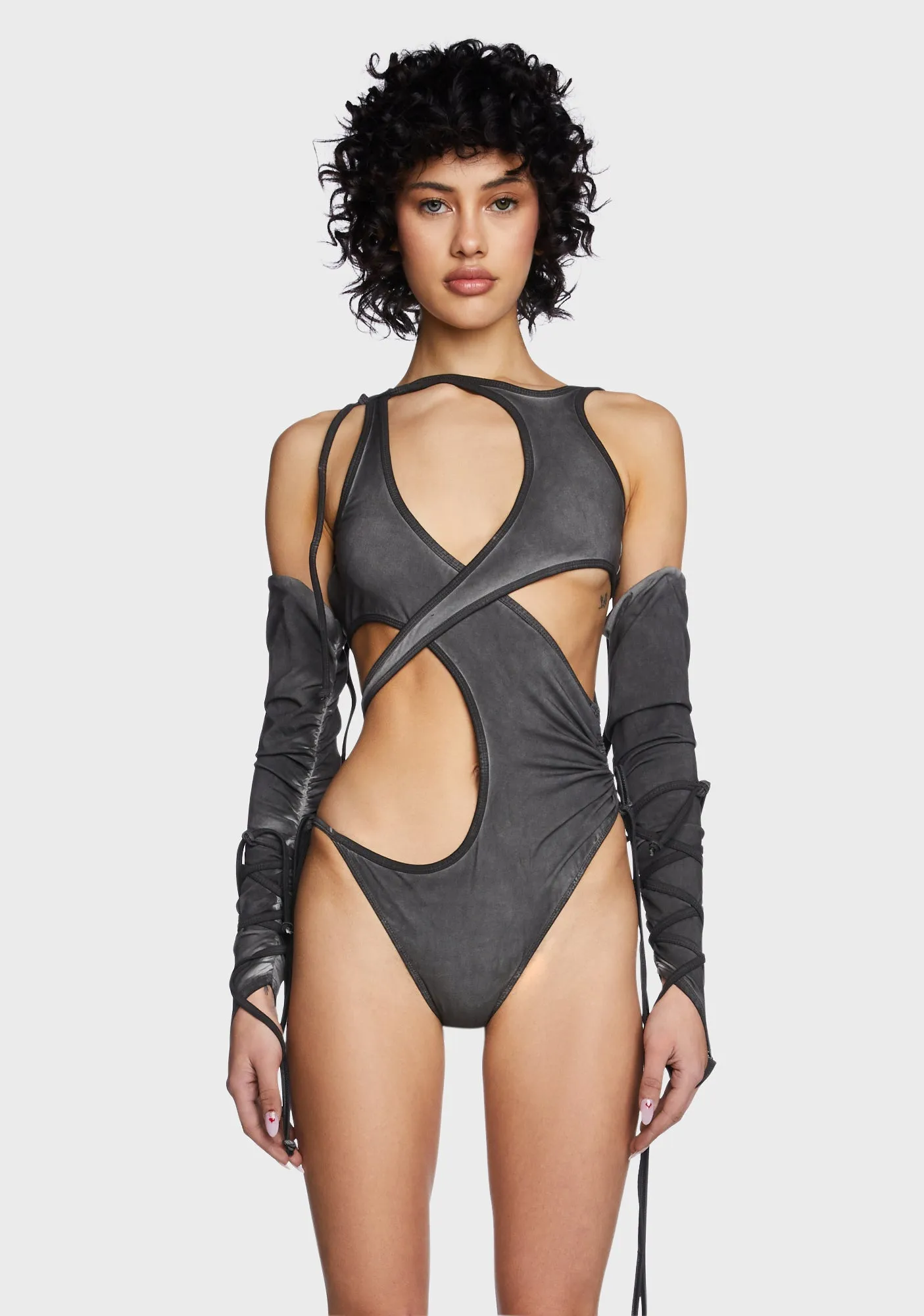 Compression Cut Out Bodysuit & Gloves Set - Charcoal sold by Dolls Kill