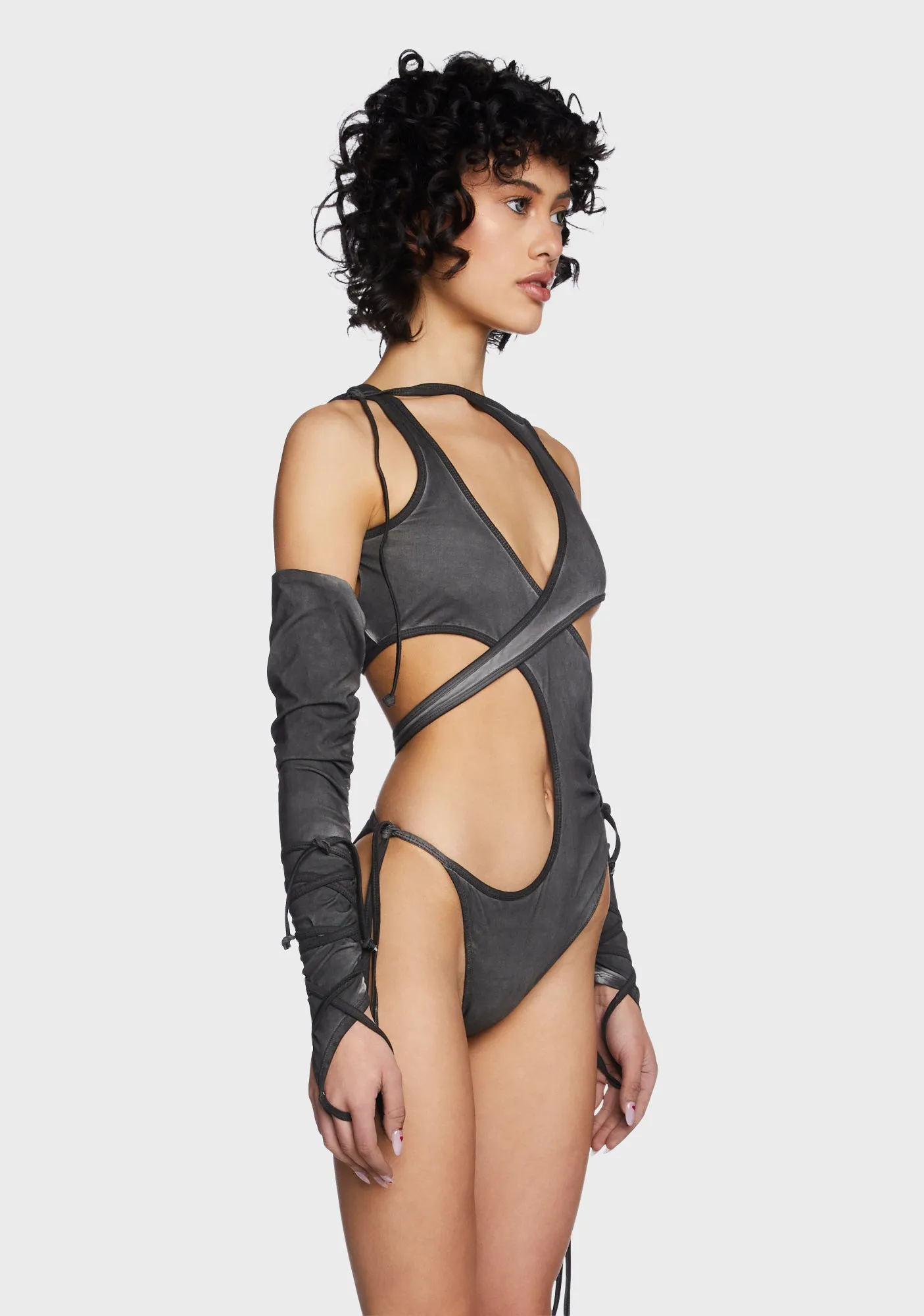 Compression Cut Out Bodysuit & Gloves Set - Charcoal sold by Dolls Kill product image thumbnail 4