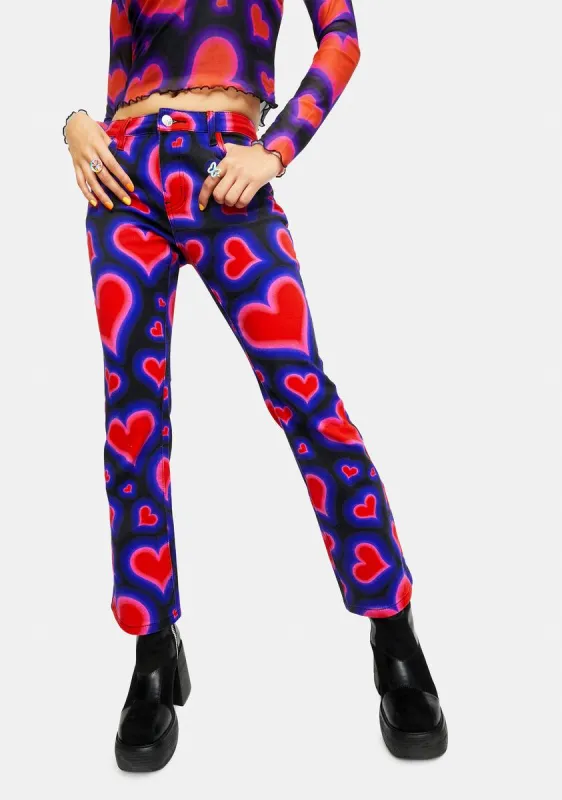 Electric Juice Heart Print Twill Pants sold by Dolls Kill