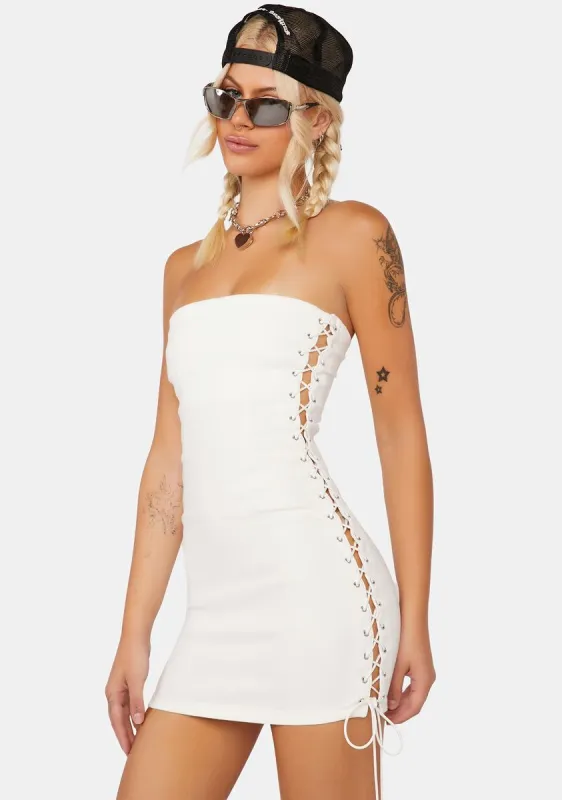 Denim Lace-Up Strapless Dress sold by Dolls Kill