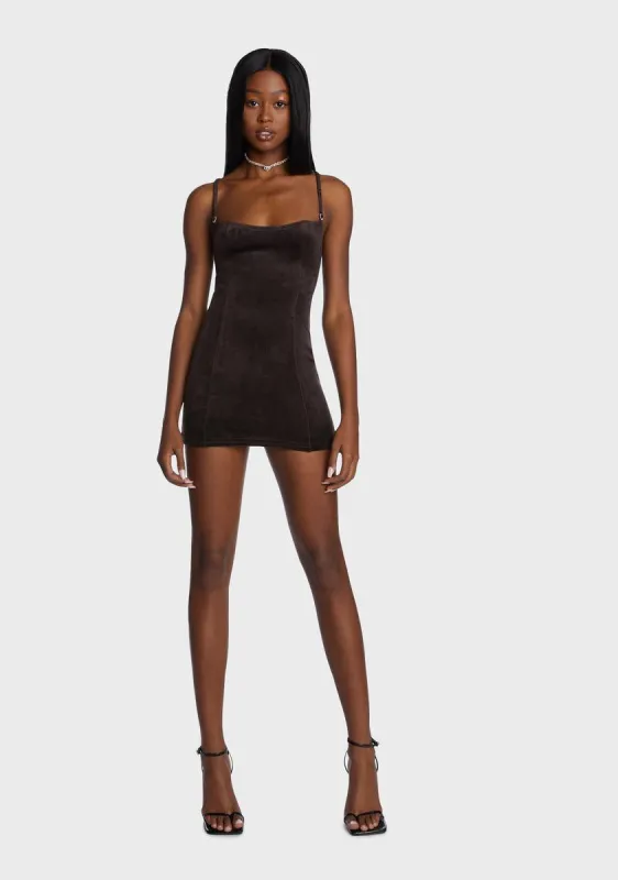 Chocolate Starlet Moments Velour Mini Dress sold by Dolls Kill