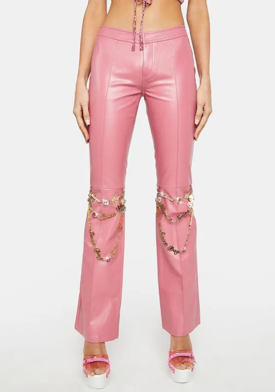 Rose Pink Slim Leather Pants With Chains sold by Dolls Kill