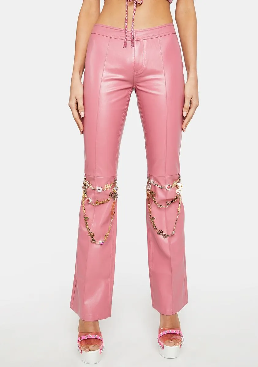 Rose Pink Slim Leather Pants With Chains sold by Dolls Kill