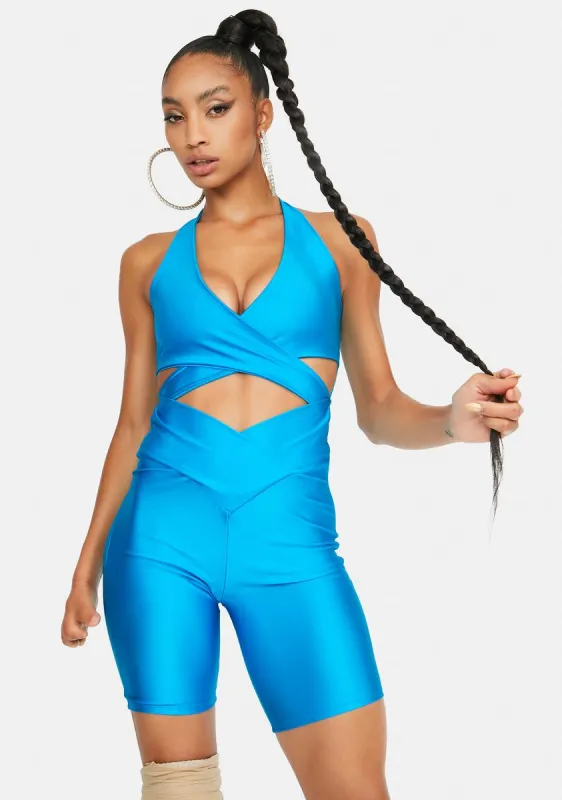 Aqua Electric Twist Criss Cross Romper sold by Dolls Kill