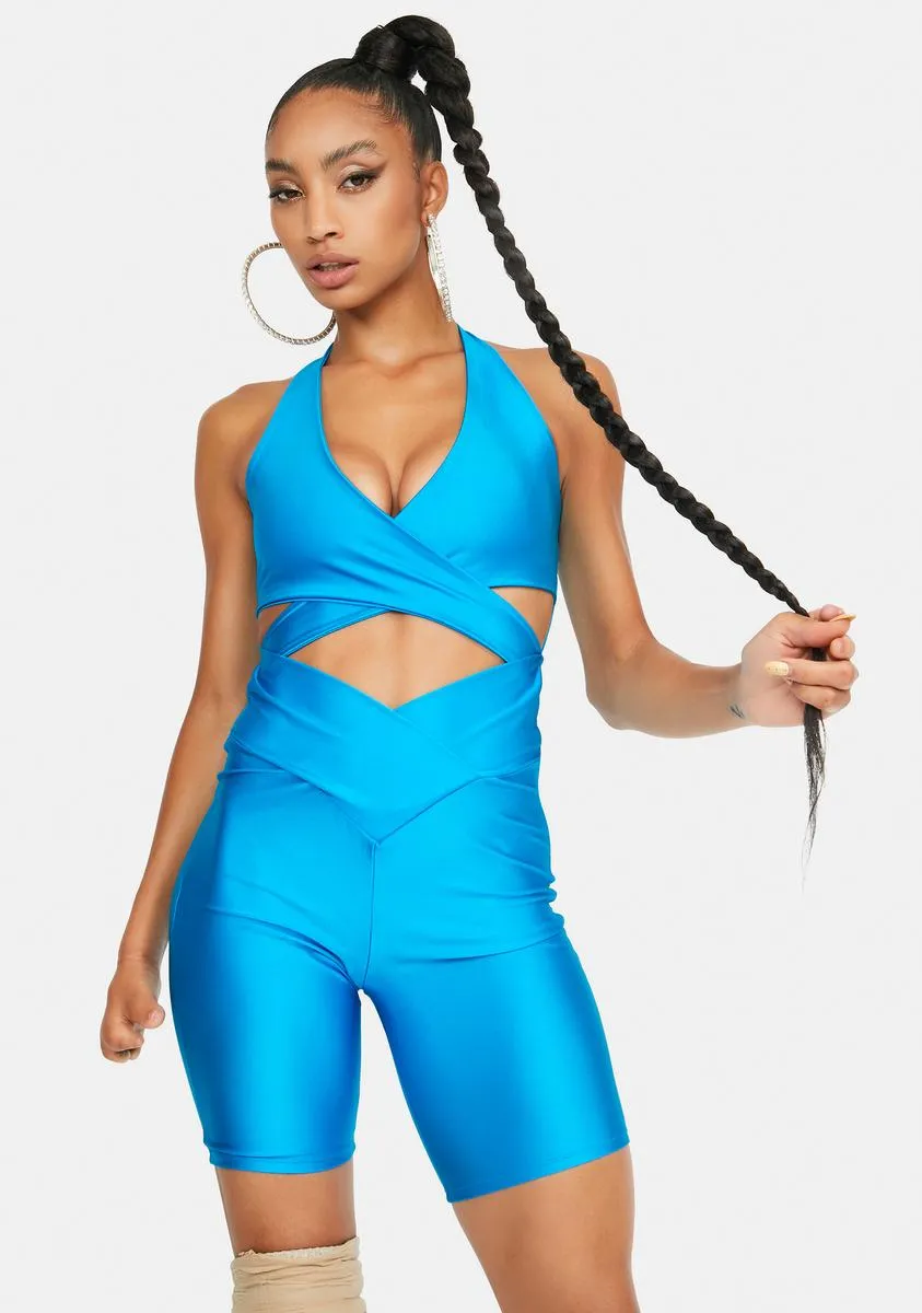 Aqua Electric Twist Criss Cross Romper sold by Dolls Kill