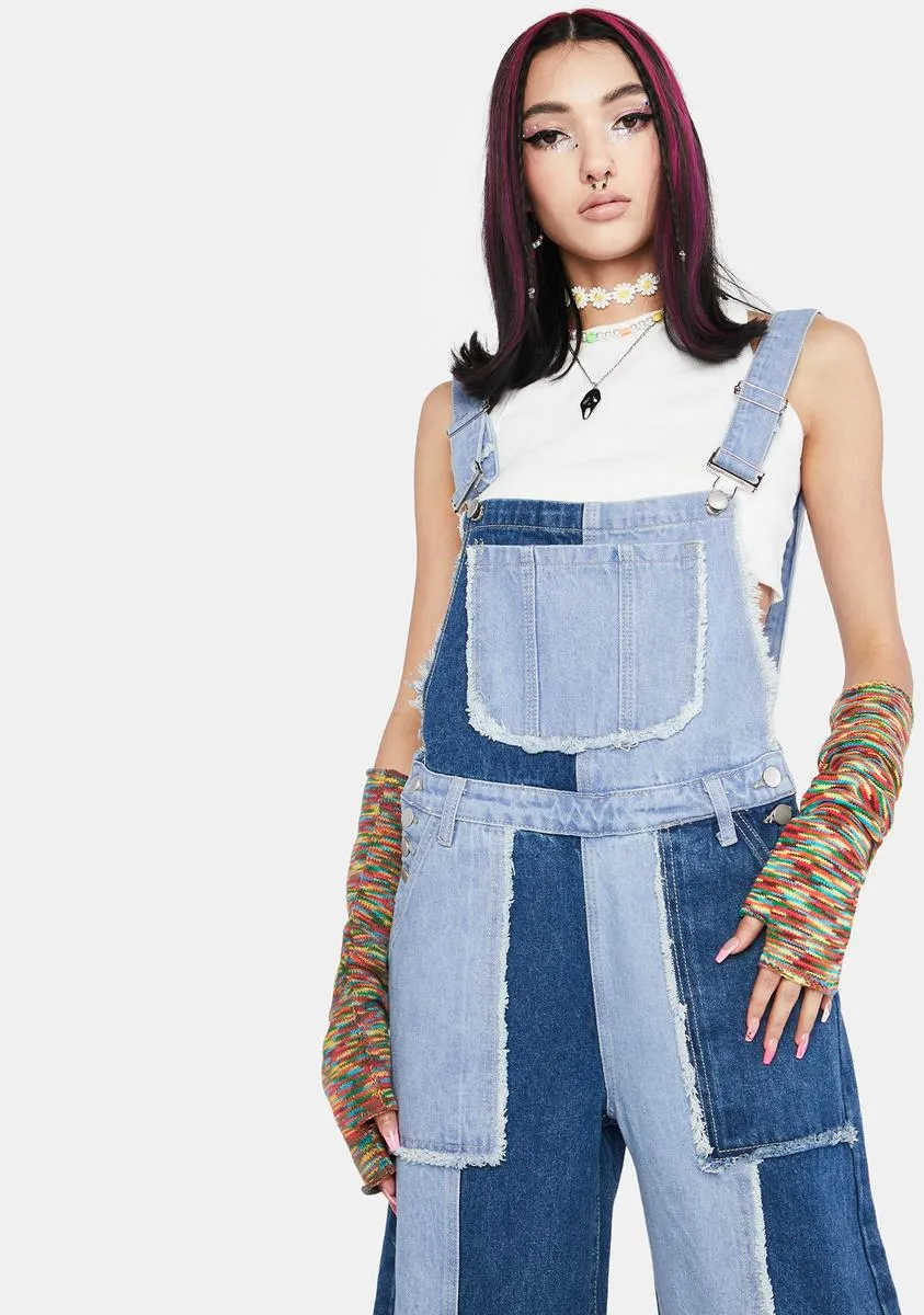Cute Reaction Patchwork Denim Overalls sold by Dolls Kill