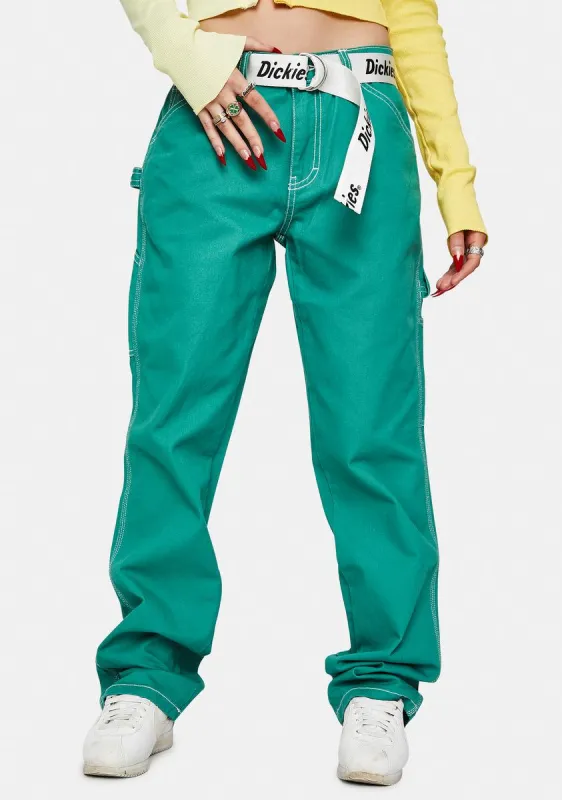 Bottle Green Carpenter Pants With Logo Belt sold by Dolls Kill