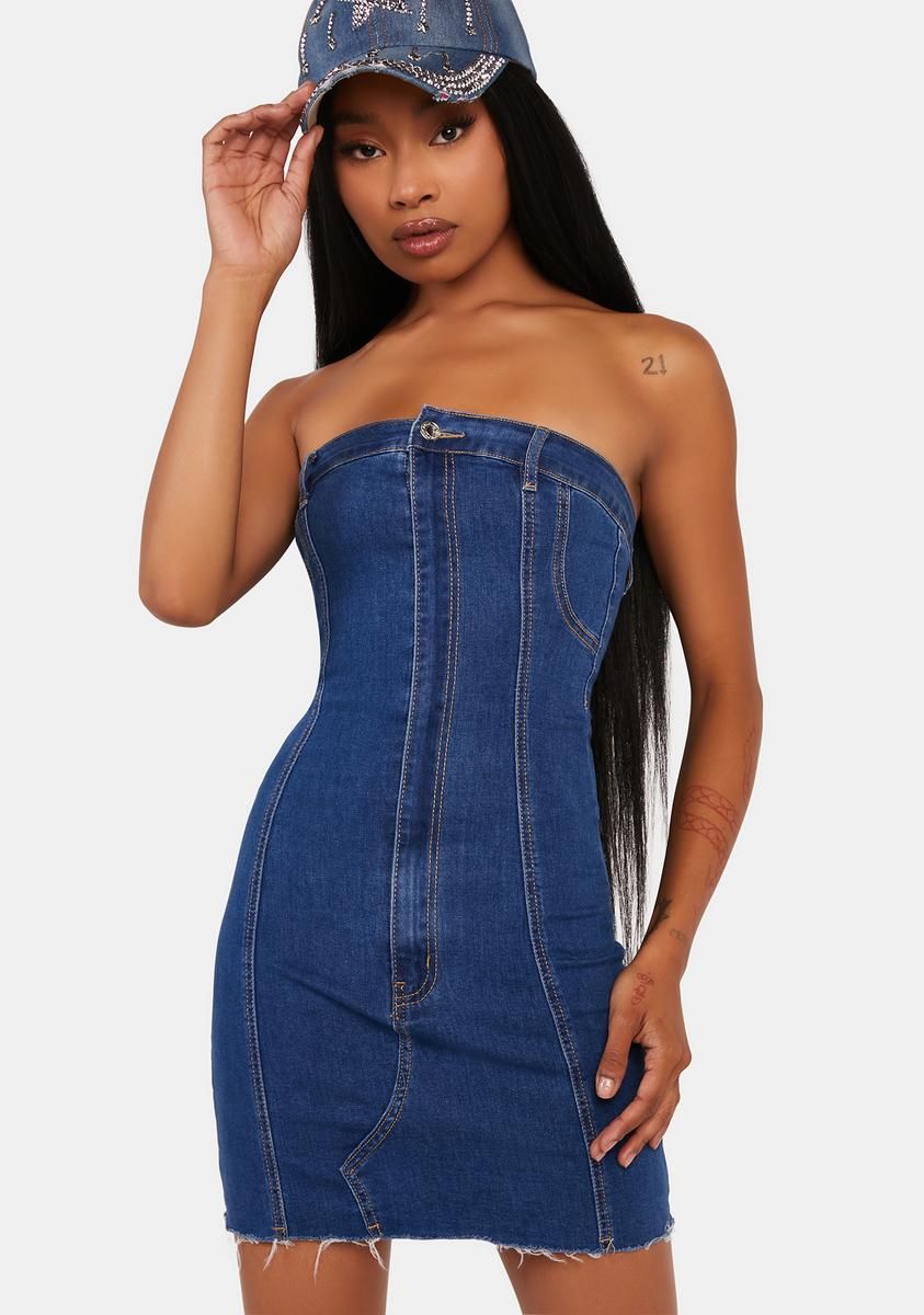 Ebony Strapless Denim Mini Dress sold by Dolls Kill