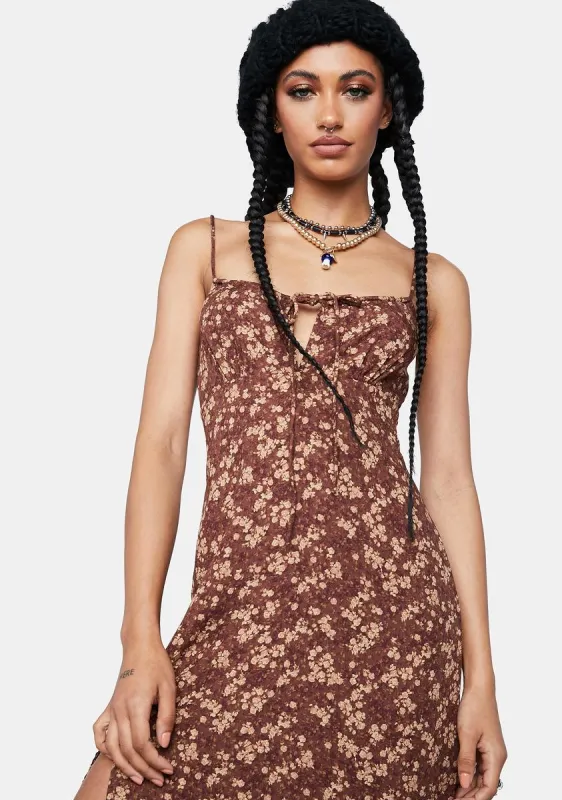 Earthy Floral Brown Cypress Midi Dress sold by Dolls Kill