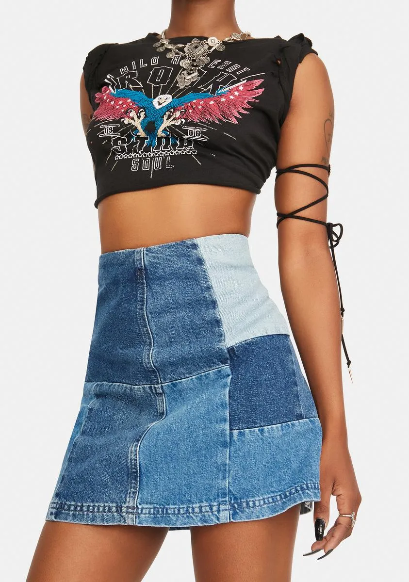 Denim Patchwork Pelmet Skirt sold by Dolls Kill