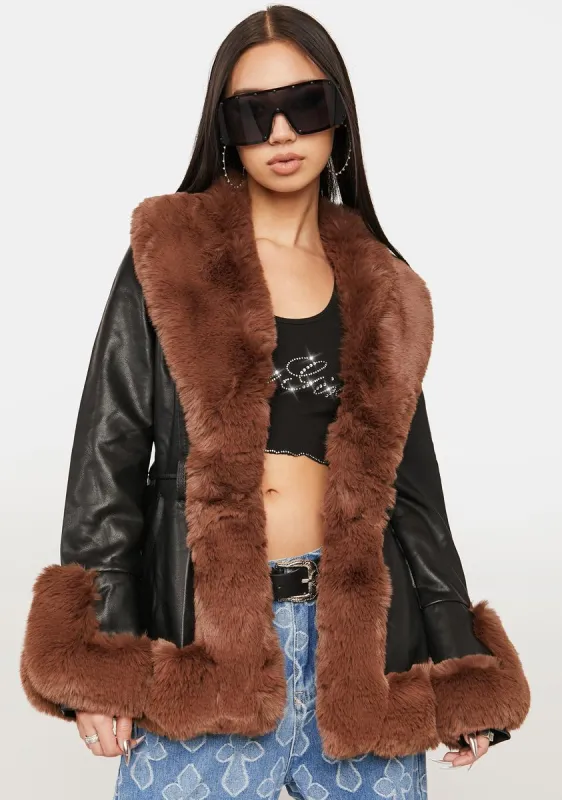 Brown Kenzy Faux Fur Trim Peplum Coat sold by Dolls Kill