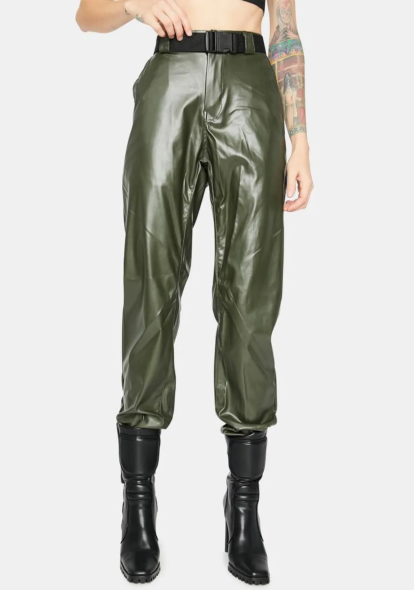 Olive Take The Lead Vegan Leather Joggers sold by Dolls Kill