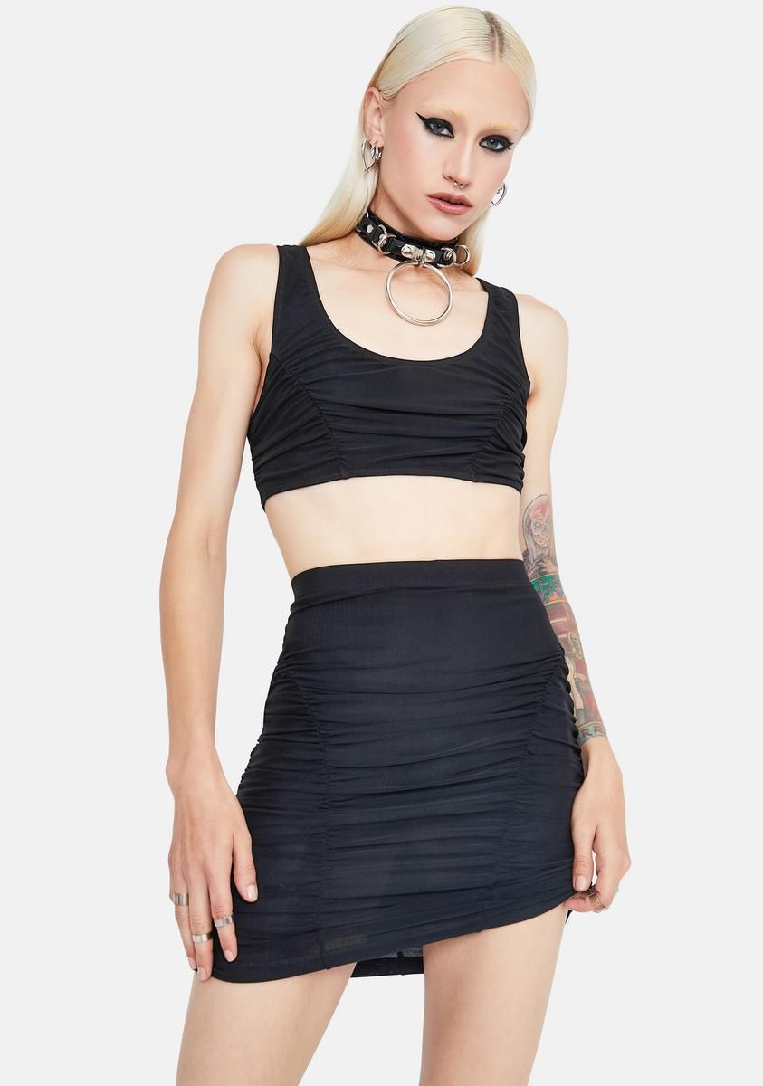 Noir Meet Me IRL Ruched Mesh Tank & Skirt Set sold by Dolls Kill