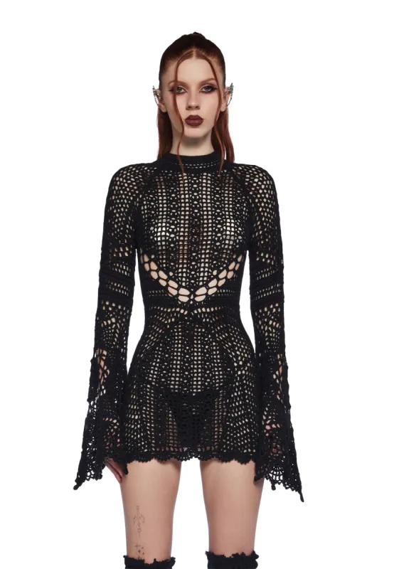 Dark Destiny Crochet Mini Dress - Black sold by Dolls Kill