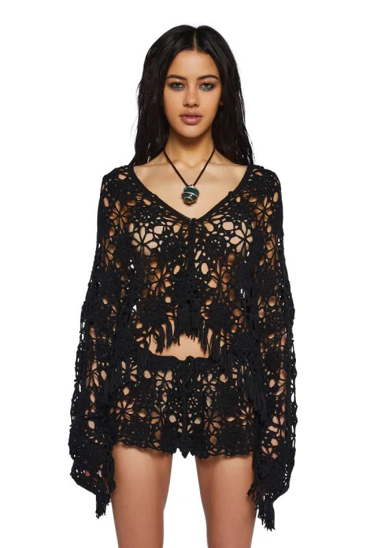 Palms Retreat Cropped Crochet Cardigan-Black sold by Dolls Kill