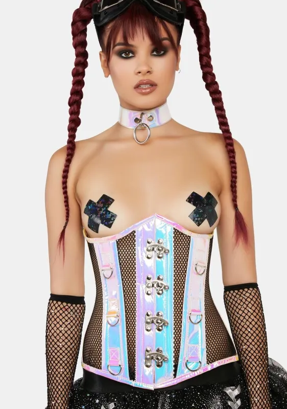 Top Drawer Holographic & Fishnet Steel Boned Under Bust Corset sold by Dolls Kill