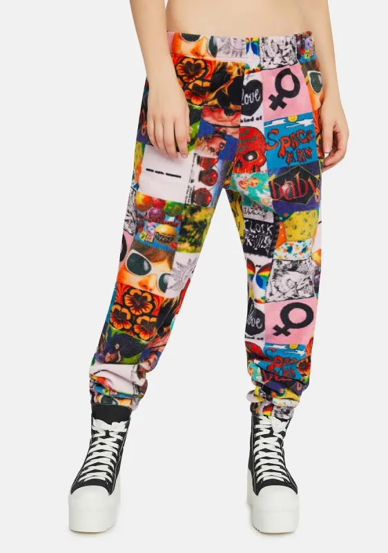 Collage Fleece Joggers sold by Dolls Kill